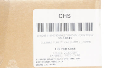 CHS D8-10610 Culture Tube W. Cap 16mm x 150mm - Case of 100